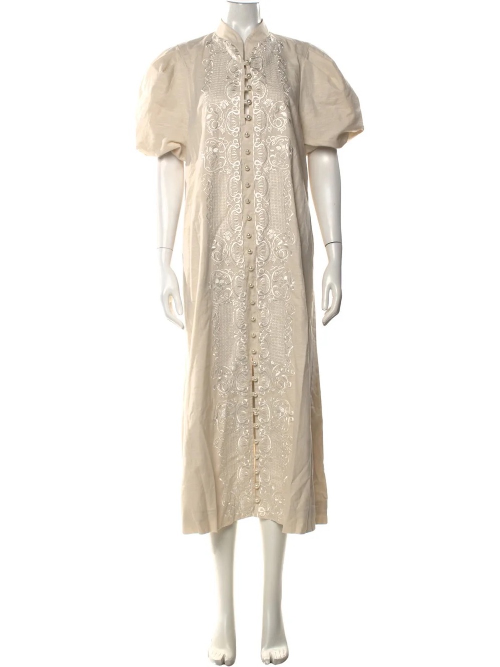 Ivory Embroidered Midi Dress with Puff Sleeves